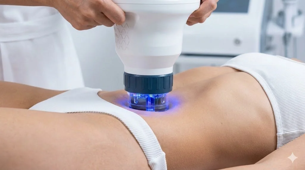 A person pinches their stomach fat in workout clothes.