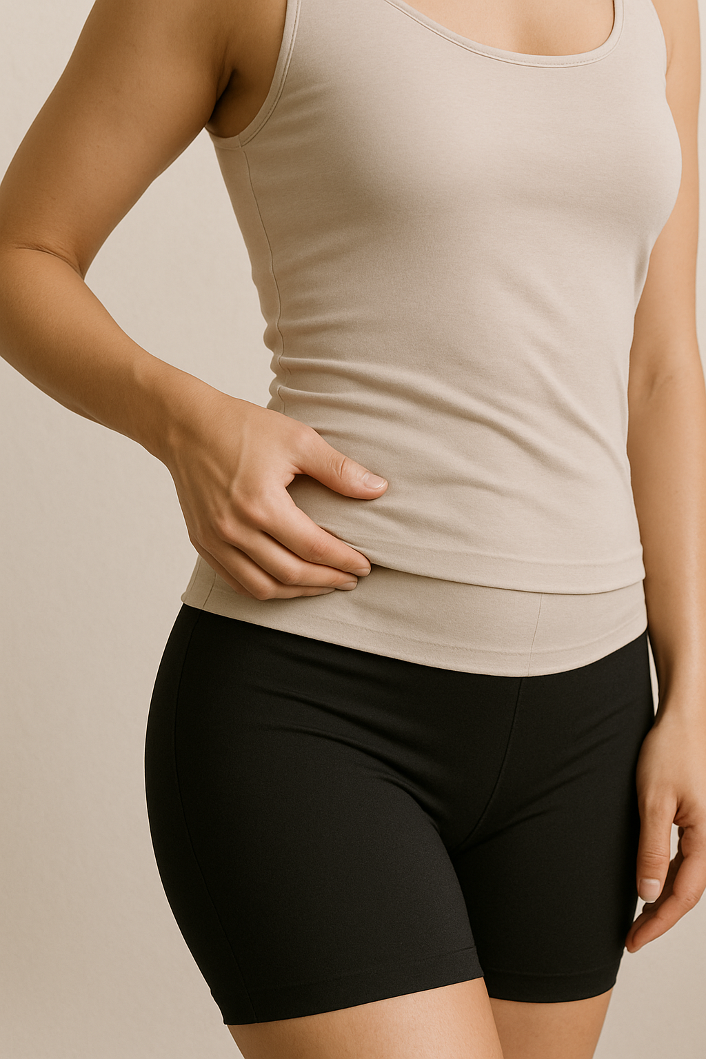 A woman wearing a beige tank top and black shorts, with her hand on her waist.