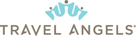 Logo di Travel Angels con testo e un'icona di un'angelo sopra.