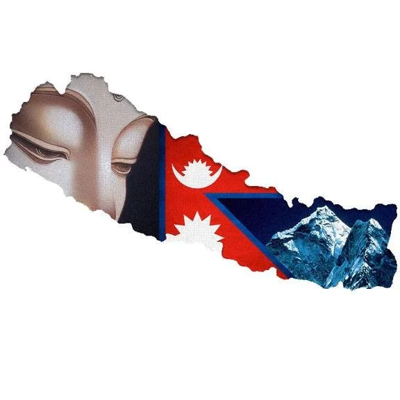 Mappa del Nepal con immagini di un volto Buddha, il Monte Everest e bandiere nazionali