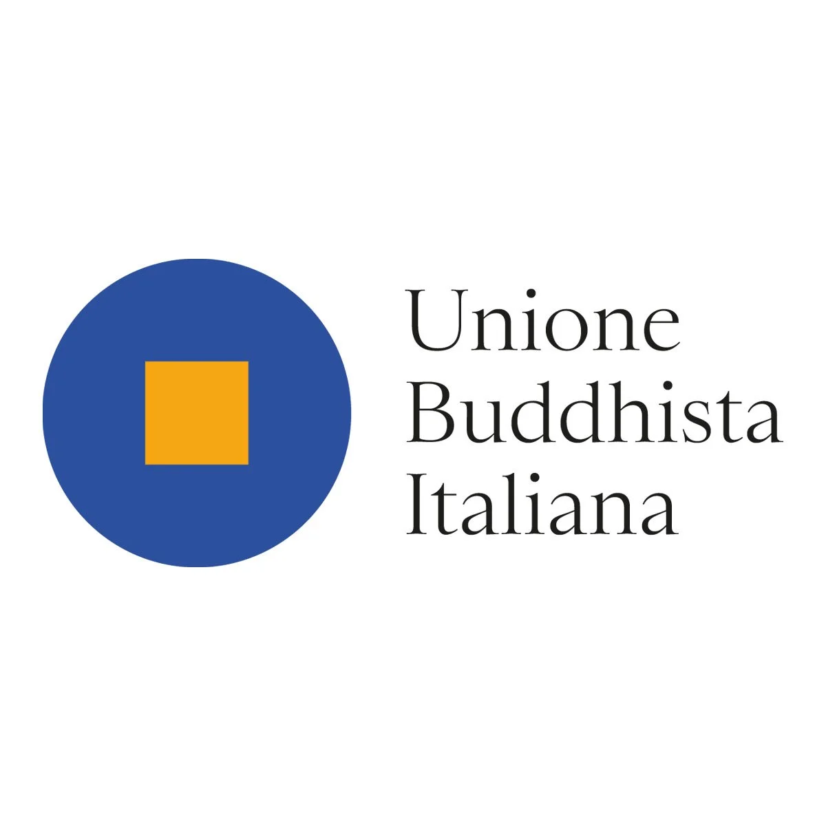 Logo dell'Unione Buddista Italiana, con un simbolo blu e giallo e testo a fianco.