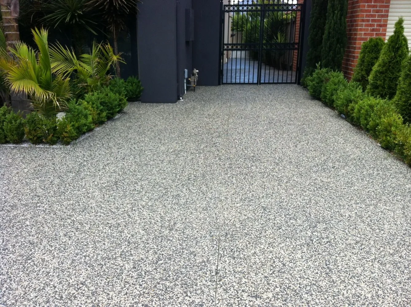 A textured concrete driveway leading up to a black metal gate with lush green plants and shrubs on either side.