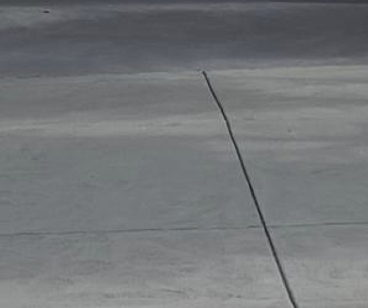 A ski slope with ski tracks and the tip of a ski pole visible.