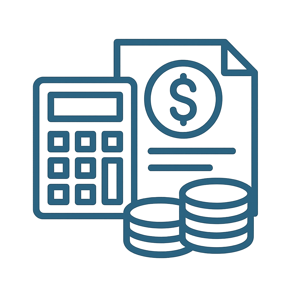 Illustratie van een calculator, een financiële rapport met een dollarteken en munten, symbool voor geld en financiën.