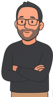 Een getekende man met een baard, bril en zwart overhemd, zijn armen gekruist.