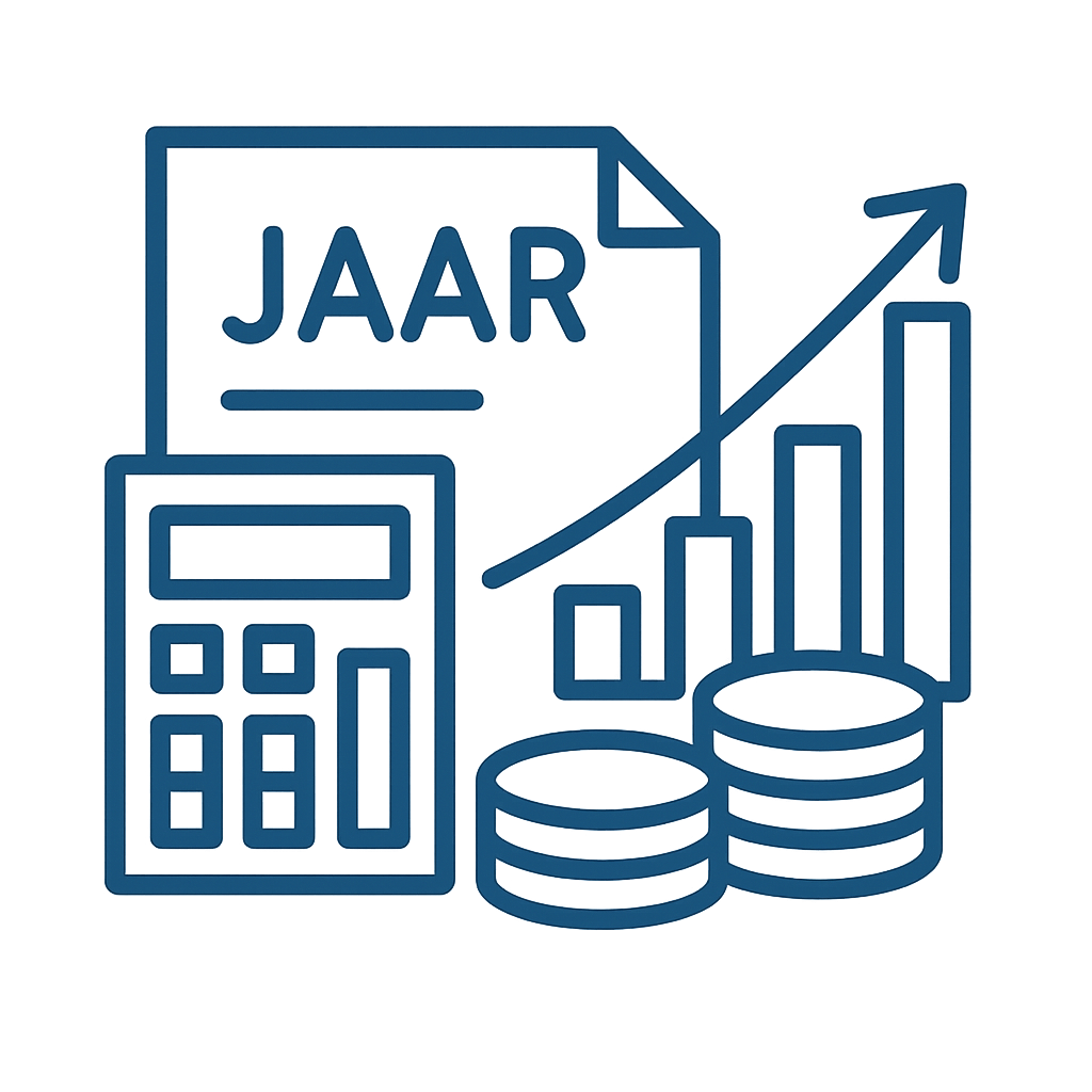 Illustratie van een calculator, stapels munten, een grafiek en een document met het woord 'JAAR'.
