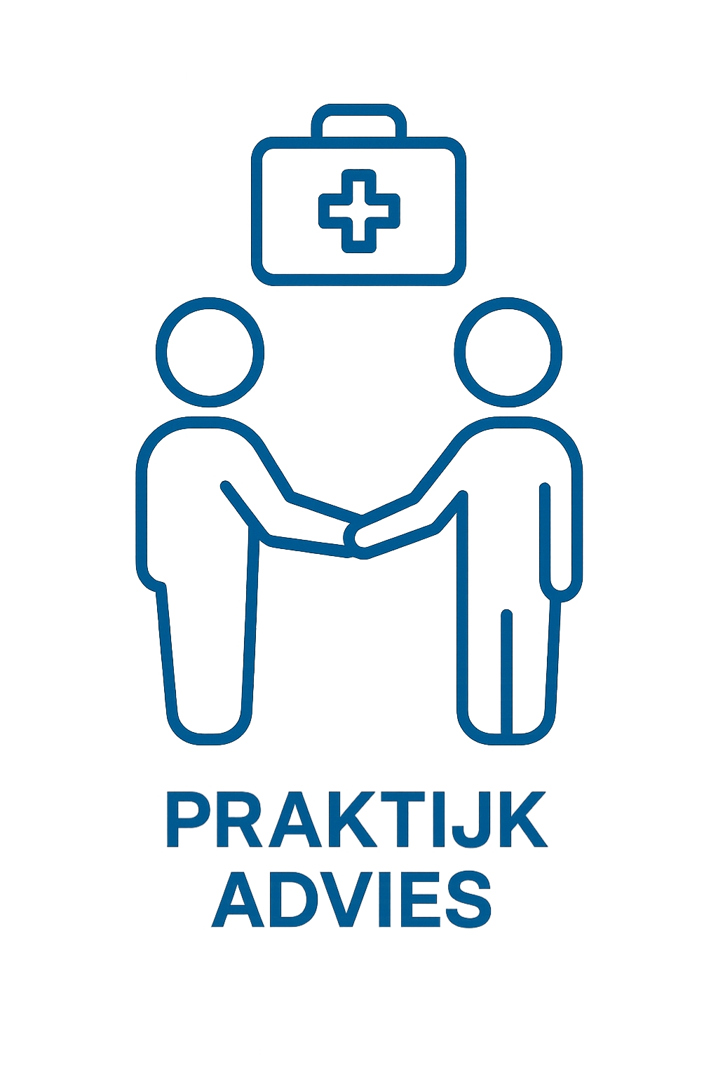 Twee mensen schudden handen onder een medisch kruis en een eerstehulpkist, met de tekst 'Praktijk Advies' eronder.