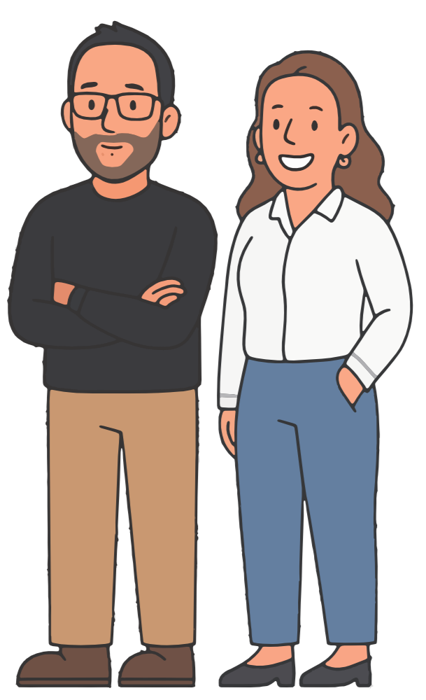 Een cartoon van een man en een vrouw die naast elkaar staan, glimlachend. De man draagt een zwart shirt, beige broek en heeft een baard en bril. De vrouw draagt een witte blouse en blauwe broek.