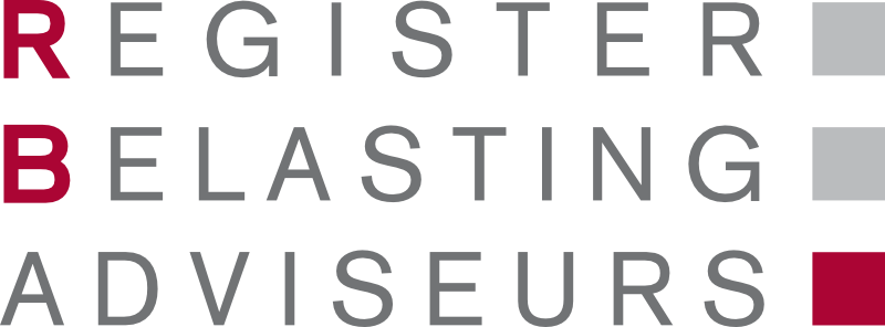 De afbeelding bevat de tekst: 'Register belasting adviseurs', met gekleurde letters en vier vierkanten naast de woorden.