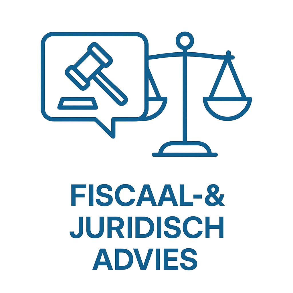 Illustratie van een weegschaal en een speech bubble met een hamer erin, met de tekst 'FISCAAL & JURIDISCH ADVIES' eronder, in blauw.