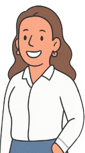 Vrouw met bruin haar, witte blouse en blauwe broek staat lachend met hand in de zak