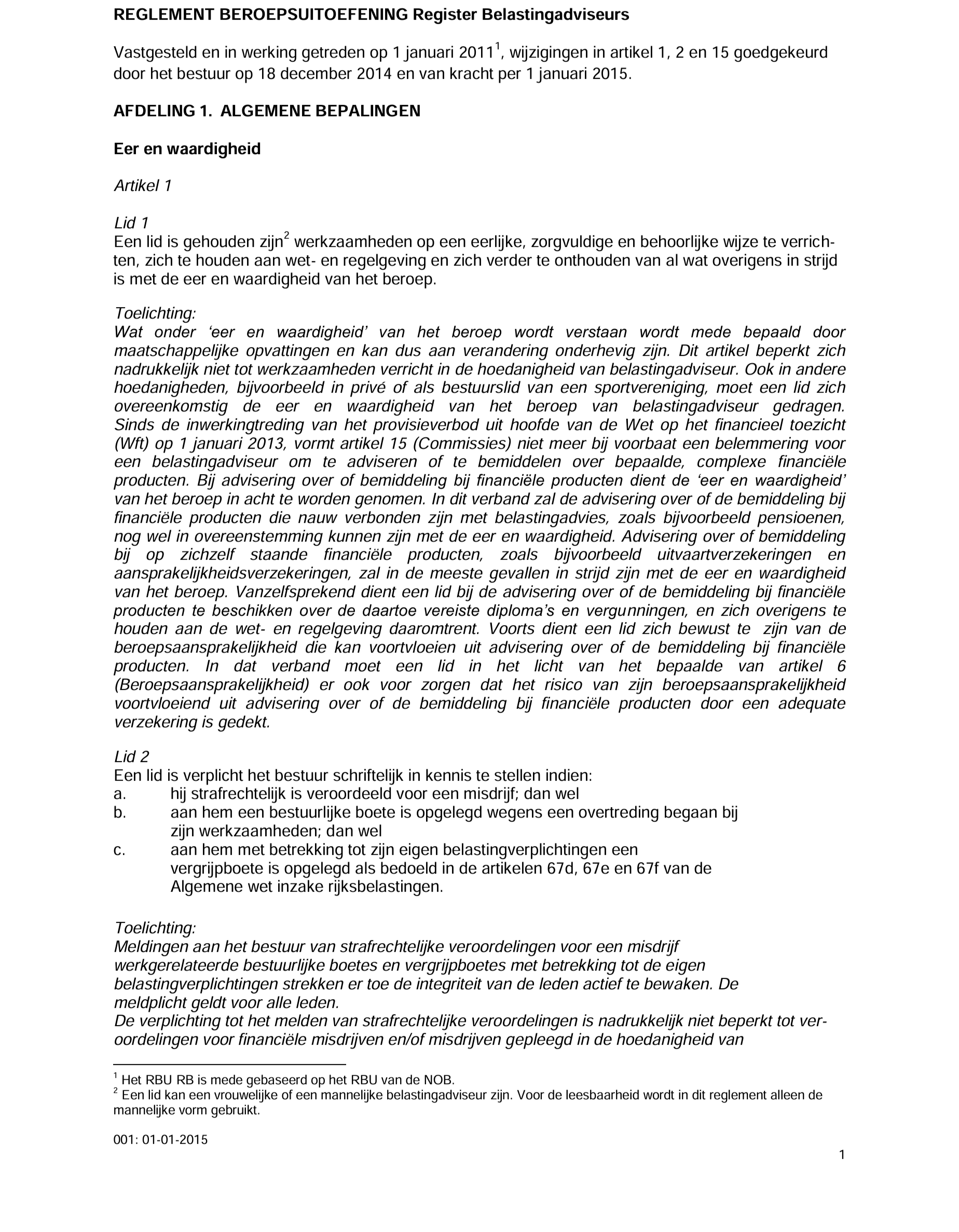 Een document met de titel 'REGLEMENT BERoepsuitoefening Register Belastingadviseurs', dat regels en bepalingen beschrijft voor beroepsuitoefening en disciplines zoals integriteit en kennis, inclusief toelichtingen en artikelreferenties.