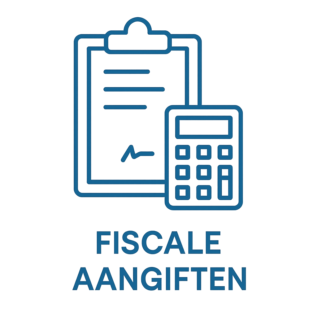 Illustratie van een clipboard met een formulier en een rekenmachine. Onder de afbeelding staat de tekst 'Fiscale Aangiften' in hoofdletters.