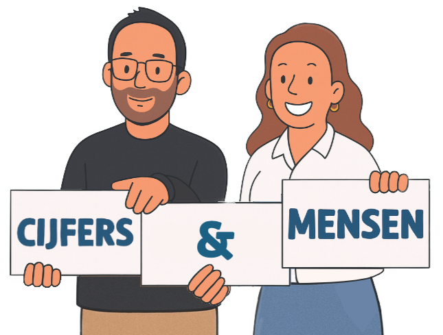 Twee cartoon mensen houden borden met de woorden 'Cijfers & Mensen'