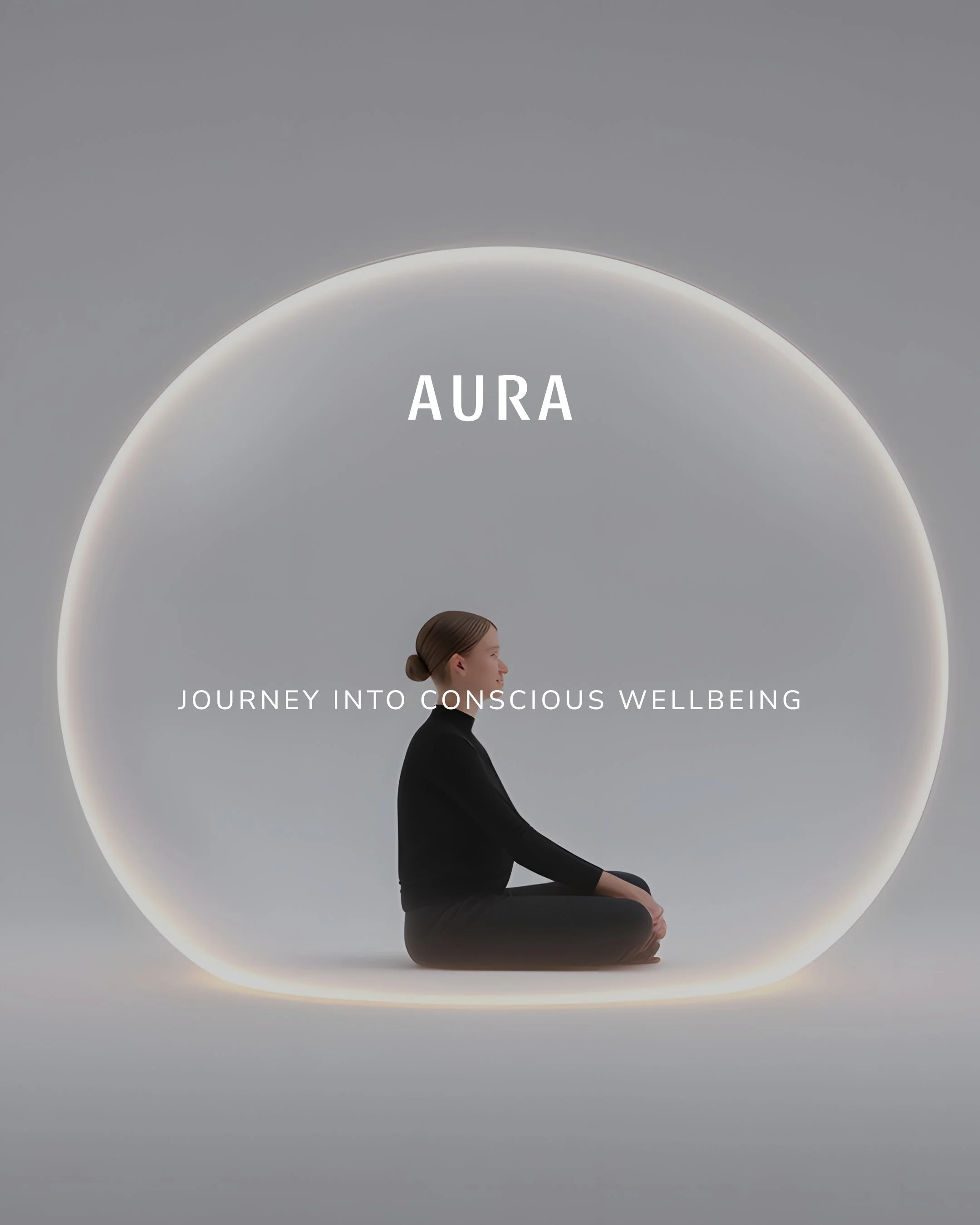 A woman in black clothes sitting cross-legged with eyes closed inside a circular light installation, promoting a journey into conscious wellbeing.