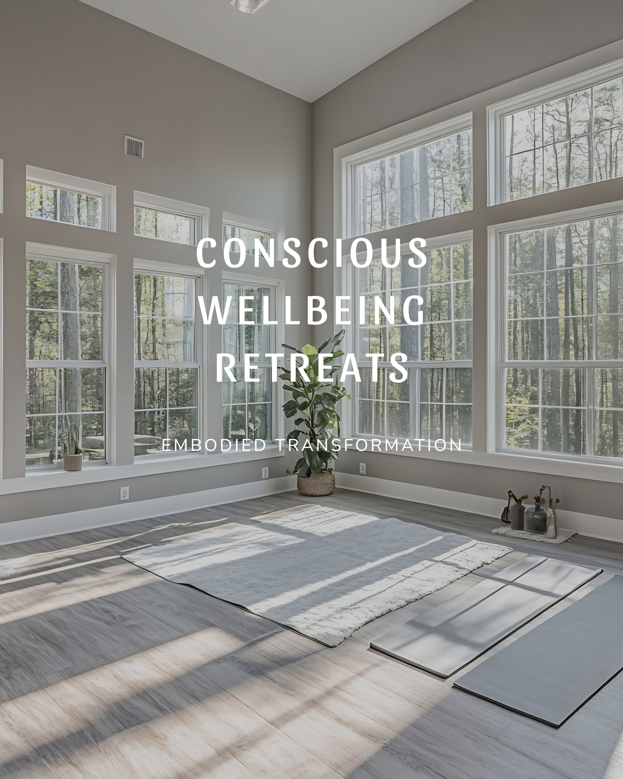 Bright, airy room with large windows showing a wooded outdoor view. The room has light-colored wooden floors, a large potted plant, and some mats or rugs on the floor. Text overlay: 'Conscious Wellbeing Retreats Embodied Transformation.'