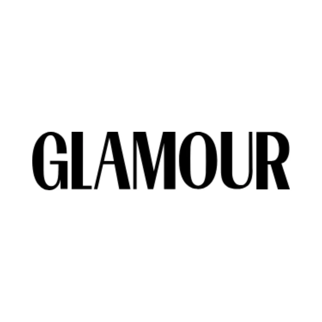 Glamour magazine logo in black letters on a white background.