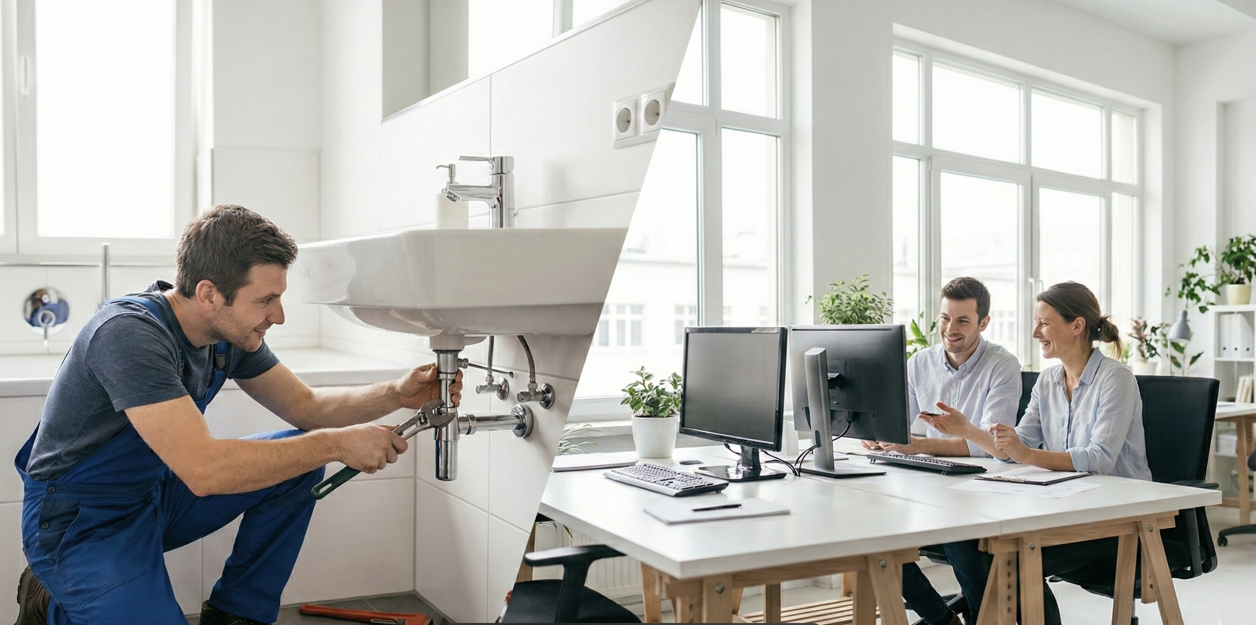 Links: Een man in een blauw werkpak repareert een onder de gootsteen in een keukenkamer; hij lacht en werkt met een verstelbare moersleutel. Rechts: Twee mensen in een kantoor bespreken iets terwijl ze naar een computerscherm kijken, op een bureau met twee monitoren, documenten en planten.