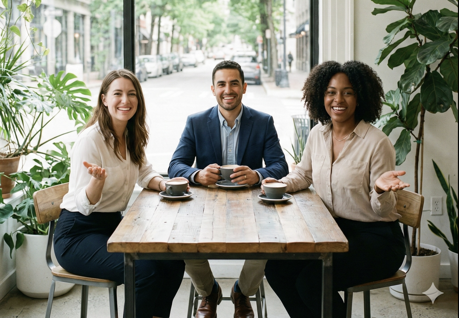 Drie mensen zitten aan een houten tafel in een café, lachen en drinken koffie, met grote groene planten op de achtergrond.