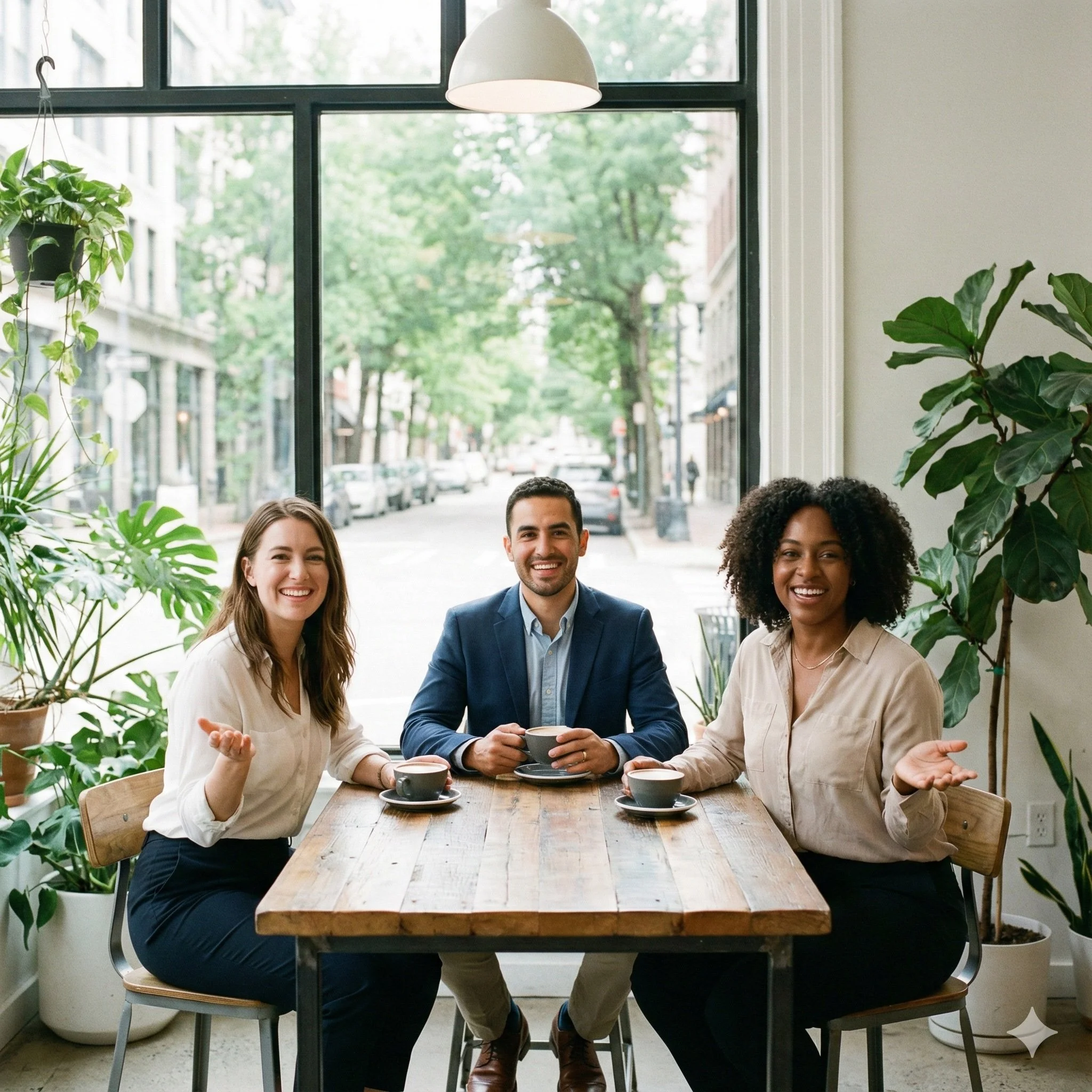 Drie mensen zitten aan een houten tafel in een interieur met grote ramen en groene planten, lachend en kopjes koffie drinkend.