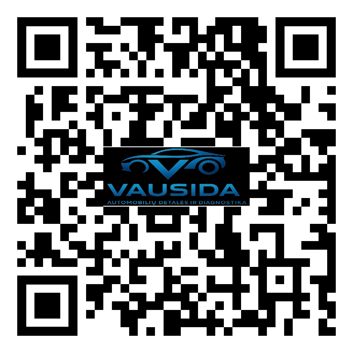 QR kodas su logotipu centre, kuriame pavaizduotas stilizuotas mėlynas automobilis, po juo užrašas „VAUSIDA“ ir frazė „Automobiliu Detales Ir Diagnostika“.