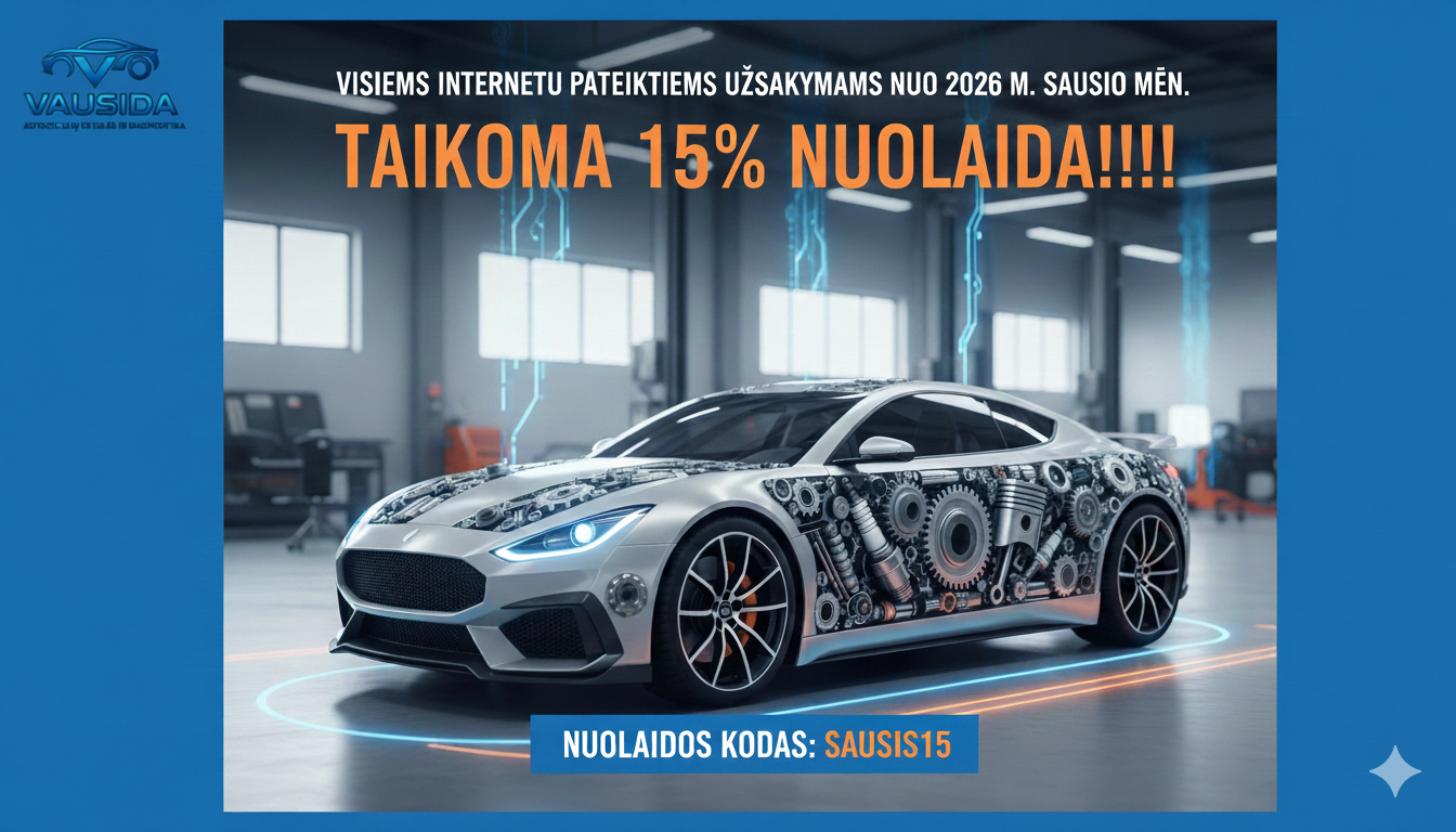Futūristinis automobilis su pavaromis ir mechanizmais šonuose, stovintis modernioje garaže. Automobilis turi elegantišką dizainą, apšviestus priekinius žibintus ir blizgų metalinį apdailą. Reklaminis tekstas lietuvių kalba skelbia apie 15 % nuolaidą