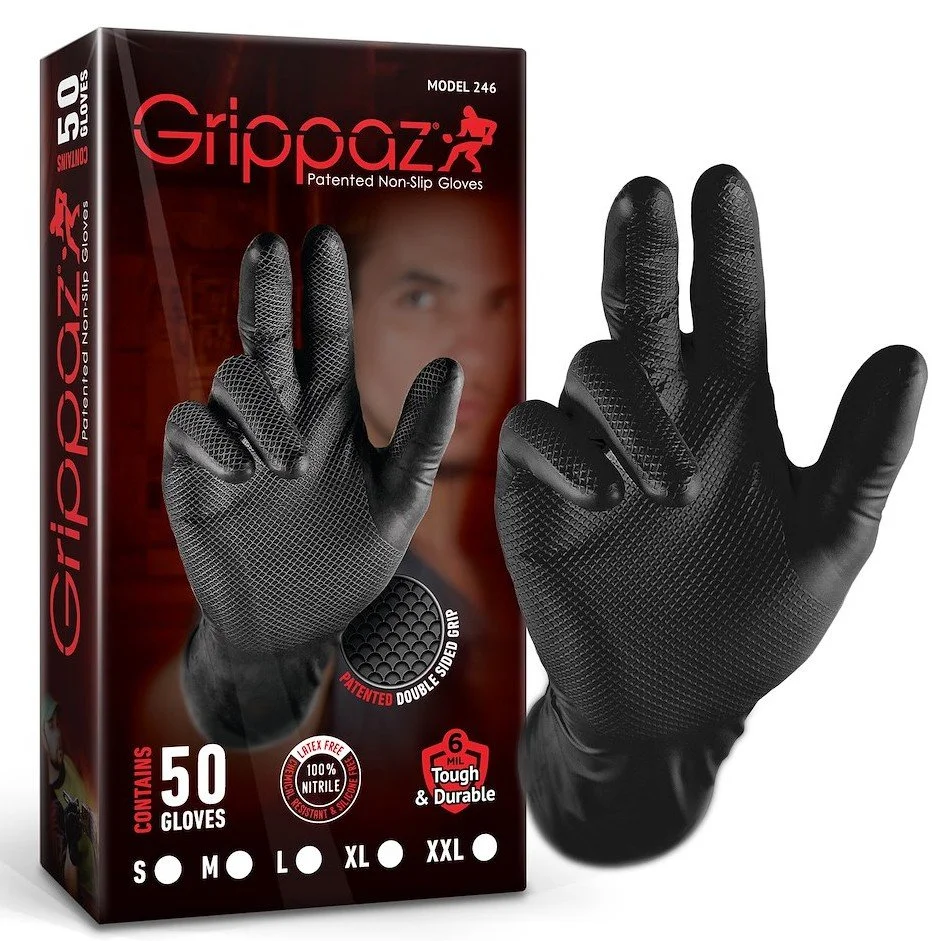 Grippaz nitrilo "žuvies žvynelių" formos pirštinės, 240 mm, 6 mil, 50 vnt. dėžutėje, juodos spalvos, dydis XXL