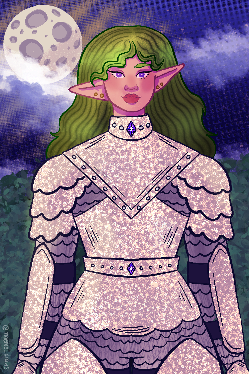 Fantasy illustration of a female elf with long green hair, pointed ears, wearing a sparkly dress with purple gemstone accents, standing outdoors at night under a full moon with clouds in the sky.