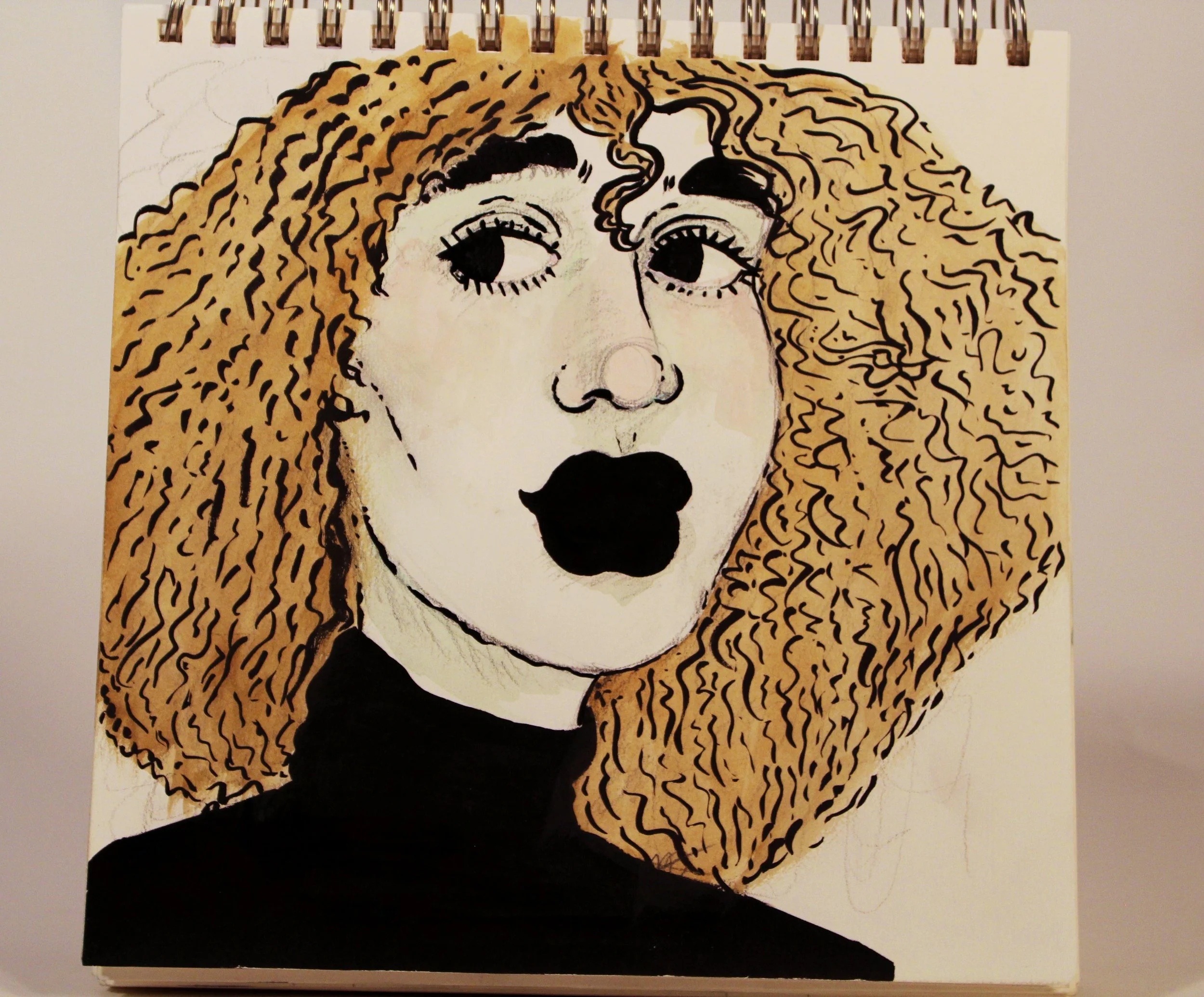 A drawing of a woman with curly hair, wearing a black turtleneck, with her mouth open in surprise or shock.