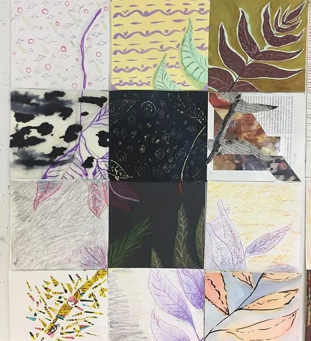 A collage of twelve drawings and collages featuring different leaf and plant designs, some in black and white, others in colors, with varied backgrounds including patterns, newspapers, and abstract textures.