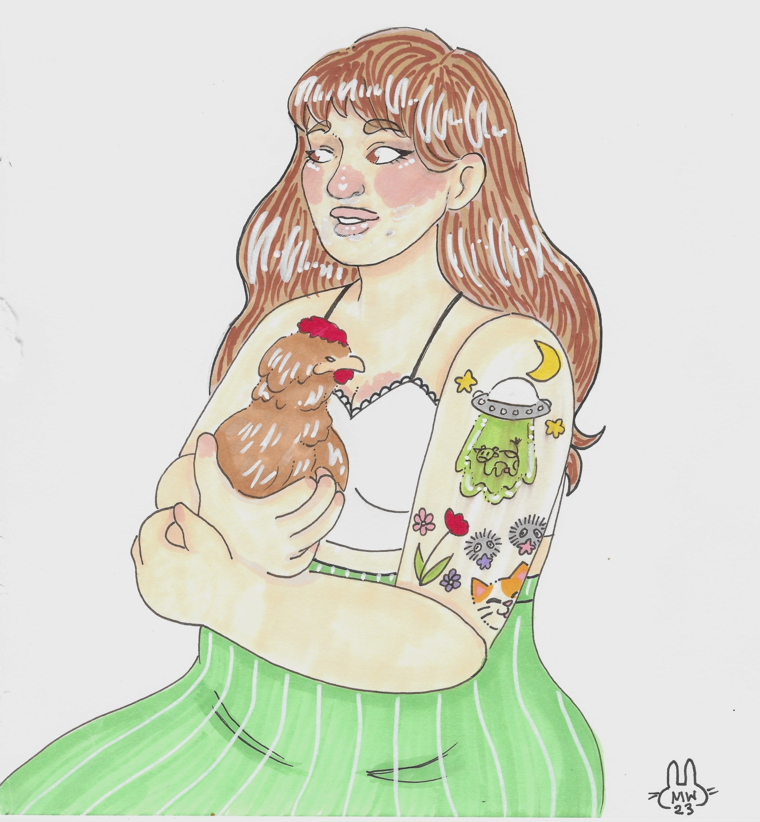 Illustration of a woman with long brown hair and tattoos on her arm, holding a brown chicken. She is wearing a white top and green striped skirt, with a neutral background. The tattoos on her arm include a UFO, moon, stars, rabbit in a green costume,