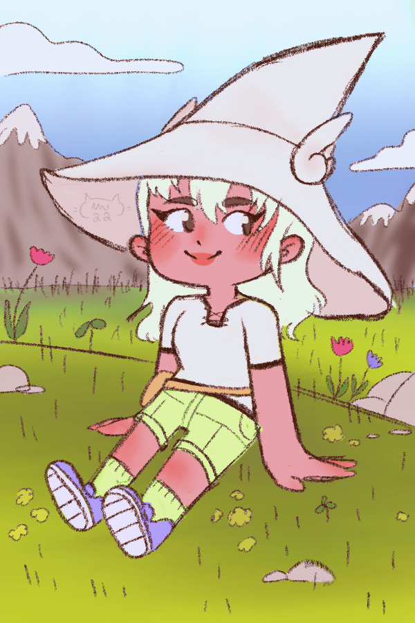 A cute cartoon girl with white hair, cat ears, and a large wizard hat sitting on grass in a field with mountains and clouds in the background, smiling.