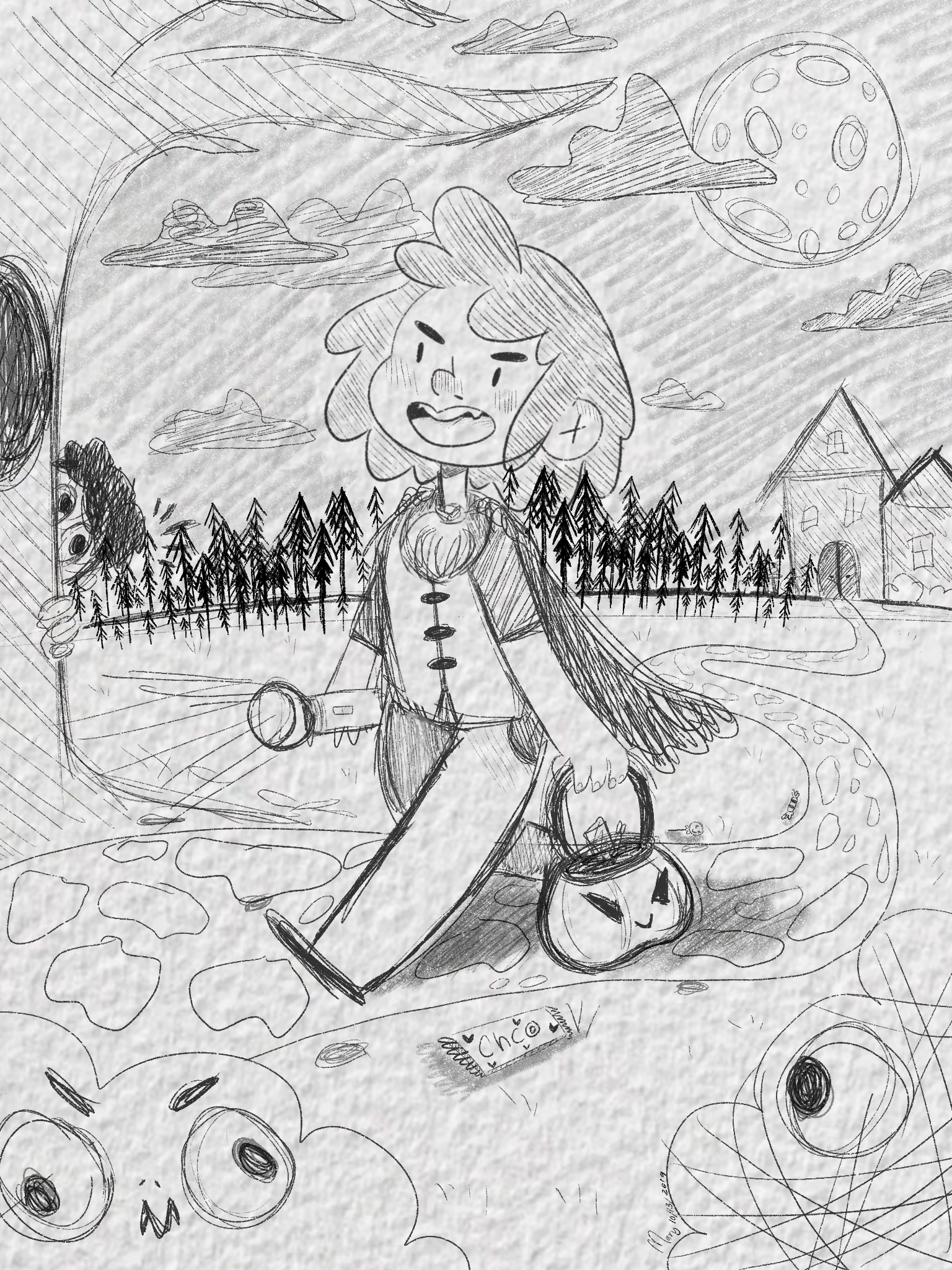 A hand-drawn sketch of a girl with wings, carrying a lantern and a pumpkin-shaped bag, walking outdoors on a path. There are trees, houses, clouds, and a moon in the sky, with some candy and a chocolate bar on the ground.