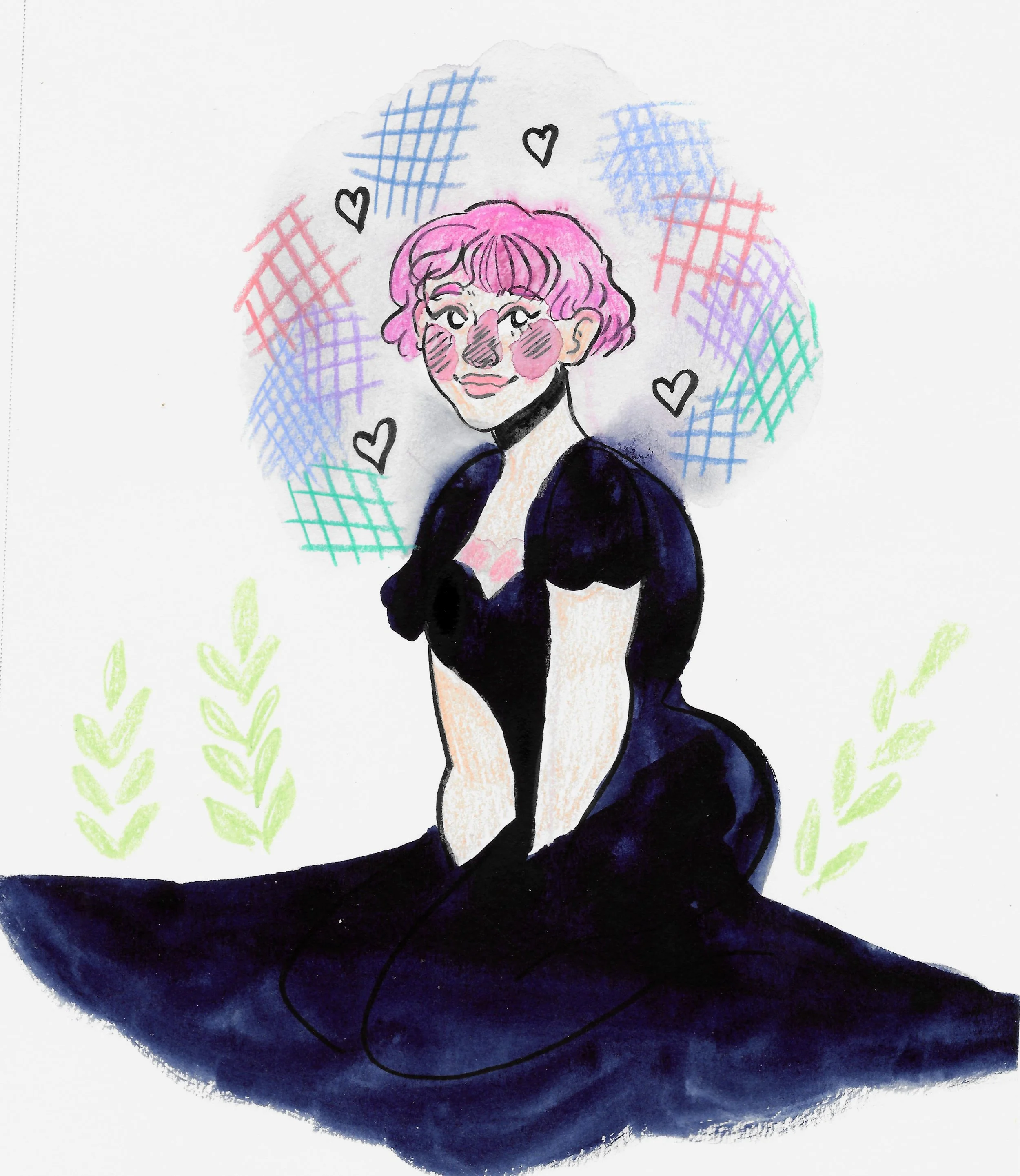 Hand-drawn illustration of a woman with pink hair wearing a black dress, sitting with her hands on her knees, surrounded by colorful abstract patterns and small hearts.