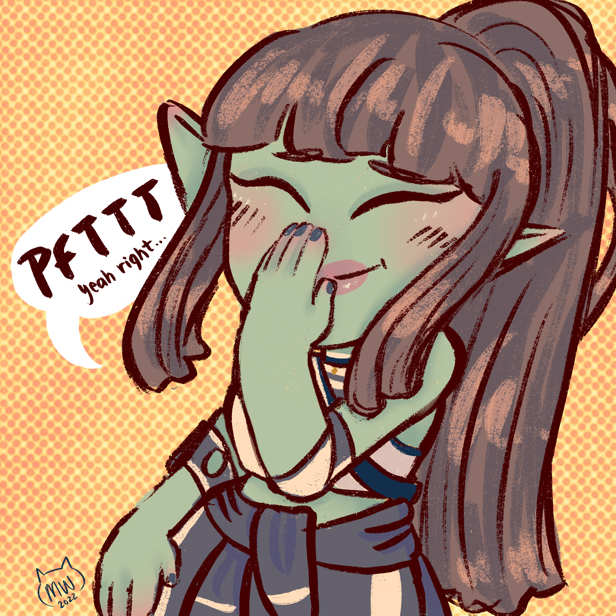 A cartoon goblin girl with long brown hair and pointed ears is smiling and covering her mouth with one hand. She is wearing a school uniform with a blazer, shirt, and tie. The background is orange with a comic-style pattern. A speech bubble next to h