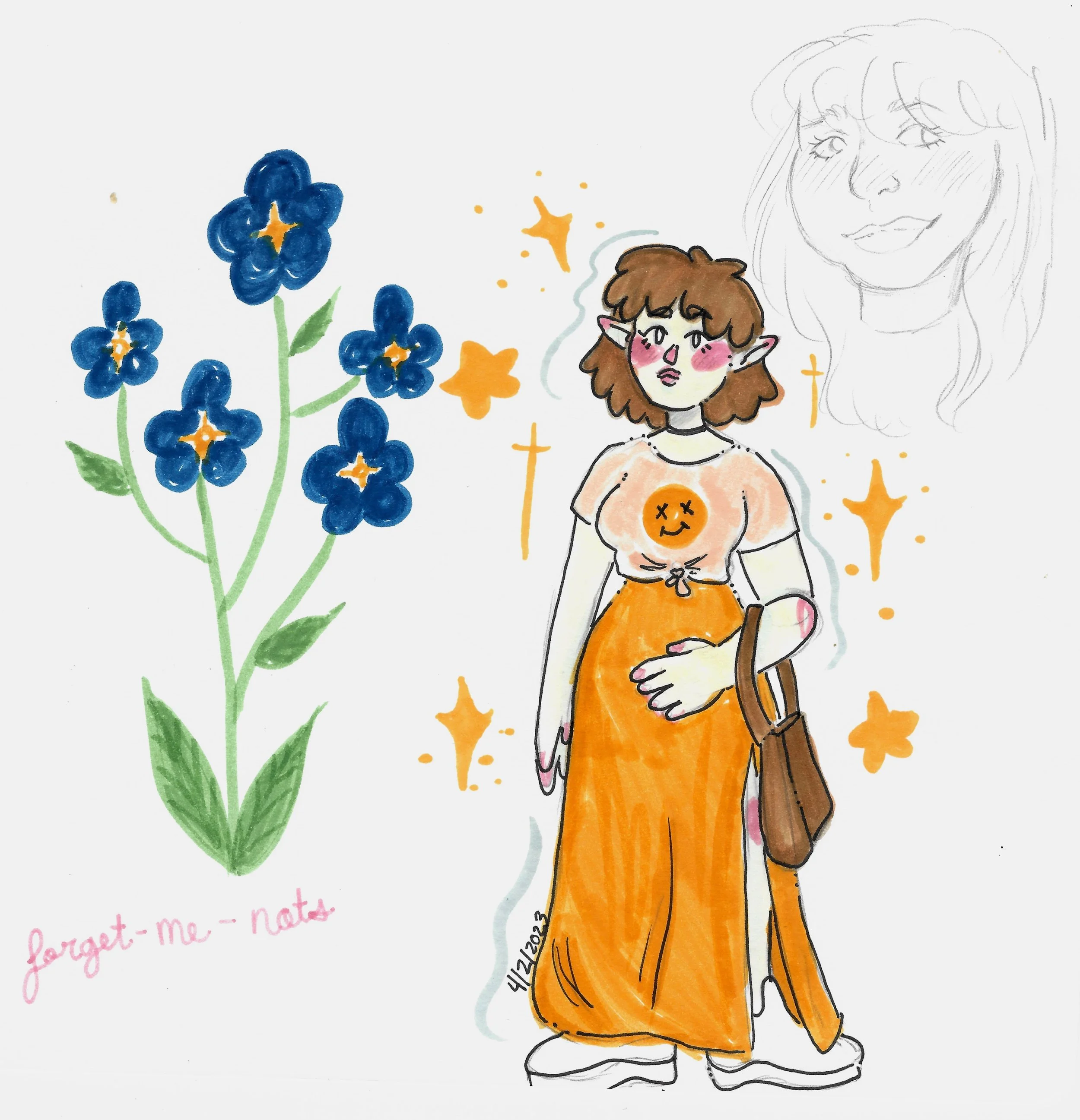 A colorful drawing of a girl with pointed elf ears, pink cheeks, and curly brown hair, wearing an orange skirt and a light-colored T-shirt with an orange smiley face. She is holding her belly with one hand and carrying a brown shoulder bag. To the le