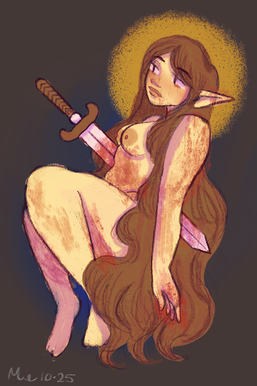 An illustration of a nude female elf with long brown hair, pointed ears, and glowing purple eyes, holding a sword with a detailed hilt. The background has a dark gradient with a yellow halo behind her head.