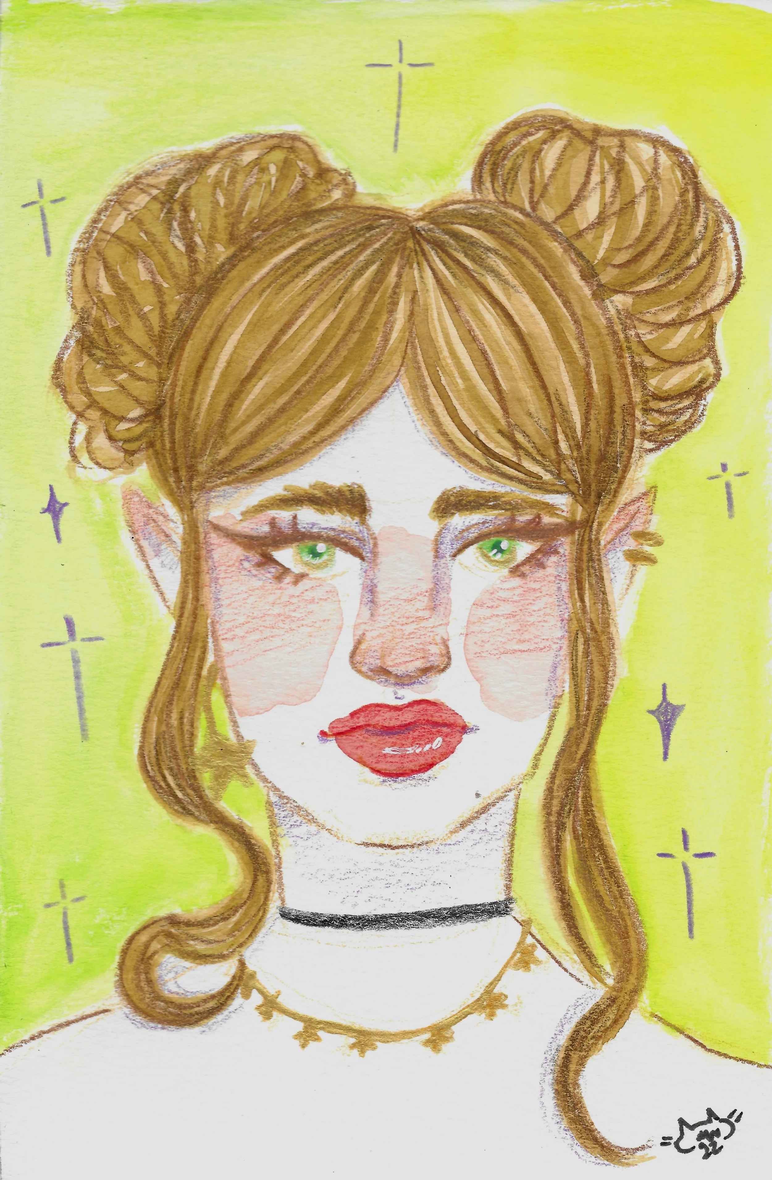 A portrait of a woman with green eyes and red lipstick, with two bun hairstyles, a black choker, and a yellow background with purple stars.