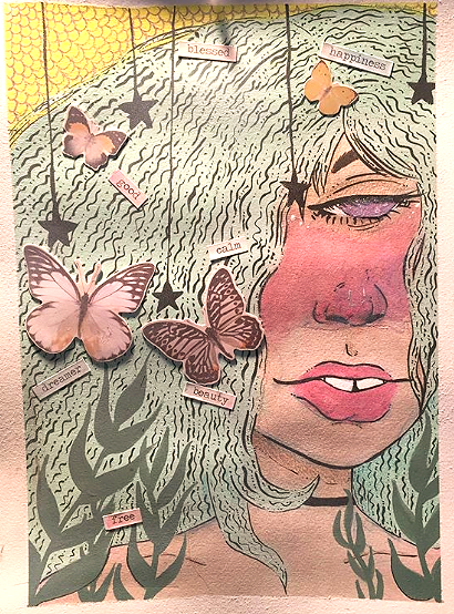 A drawn portrait of a woman with long, flowing hair, surrounded by butterflies, star-shaped ornaments, and leaves. The hair contains words like 'blessed,' 'happiness,' 'good,' 'calm,' 'beauty,' 'dreamer,' and 'tree.'