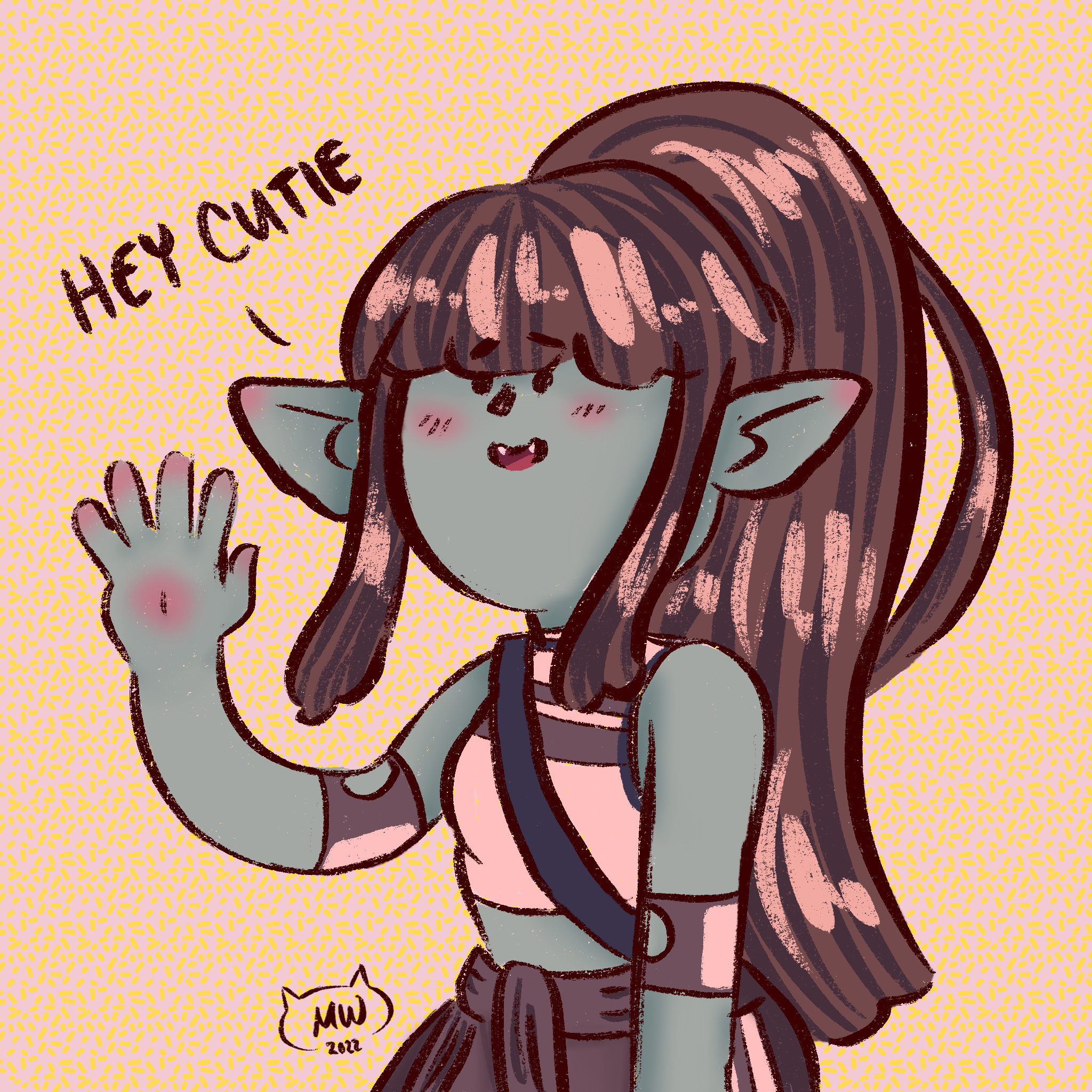 A cartoon-style elf girl with long brown hair in a high ponytail, blush on her cheeks, blue skin, and large pointy ears. She is smiling, waving, and there is text saying 'Hey cute' with a smiley face. The background is yellow with small scattered das