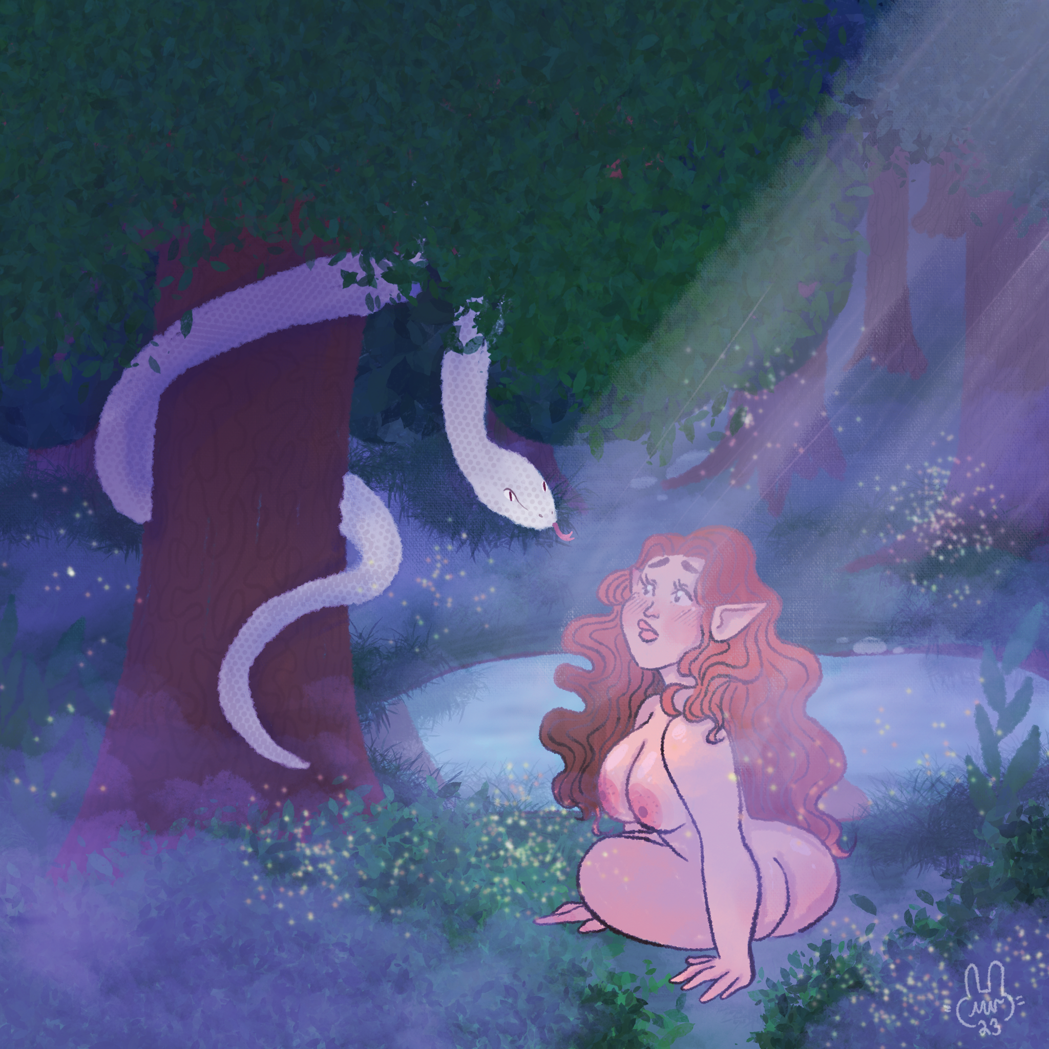 A fantasy scene of a fairy-like woman with pointed ears and long red hair sitting on the ground in a misty forest, looking up at a white snake coiled around a tree. There are glowing particles and a mystical atmosphere.