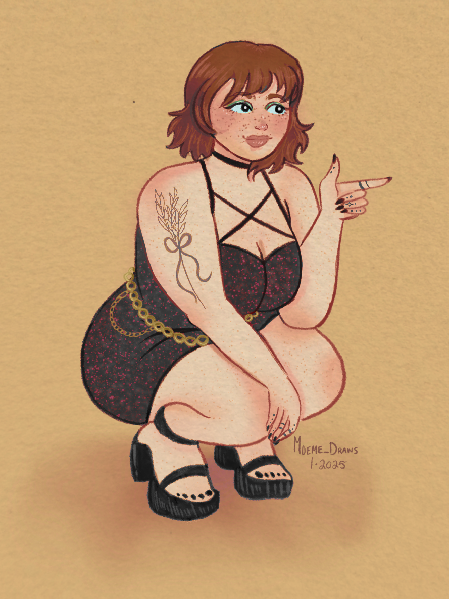 Digital illustration of a young woman with brown hair squatting on a yellow background. She is wearing a black tank top with spaghetti straps and a short black skirt with red speckles, accessorized with a gold chain belt. She has a tattoo of a plant 