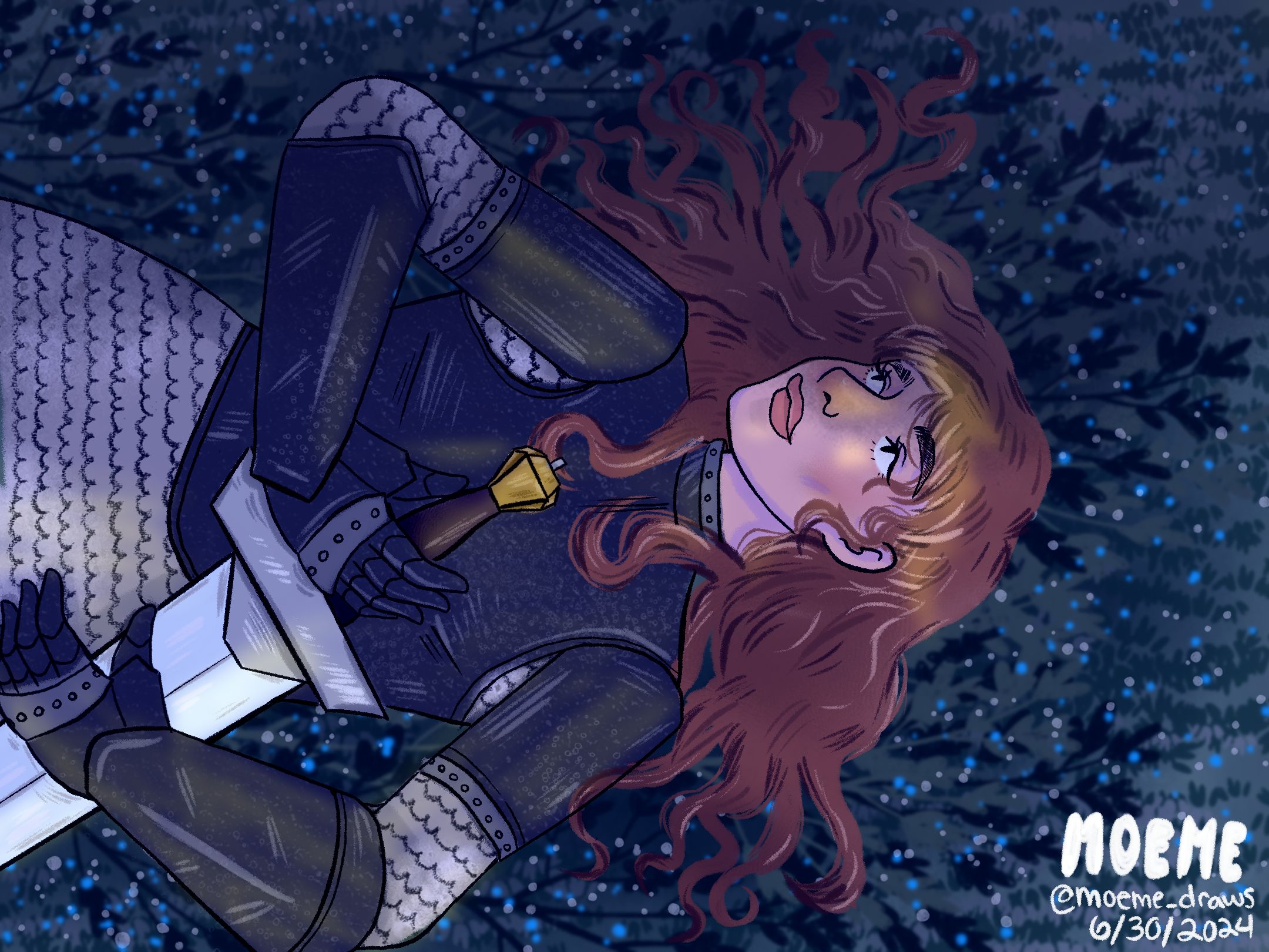 A girl with red wavy hair lying on her side in a forest at night, looking up. She is wearing black metal armor, with chainmail. There are small glowing blue lights around her and in her eyes. 