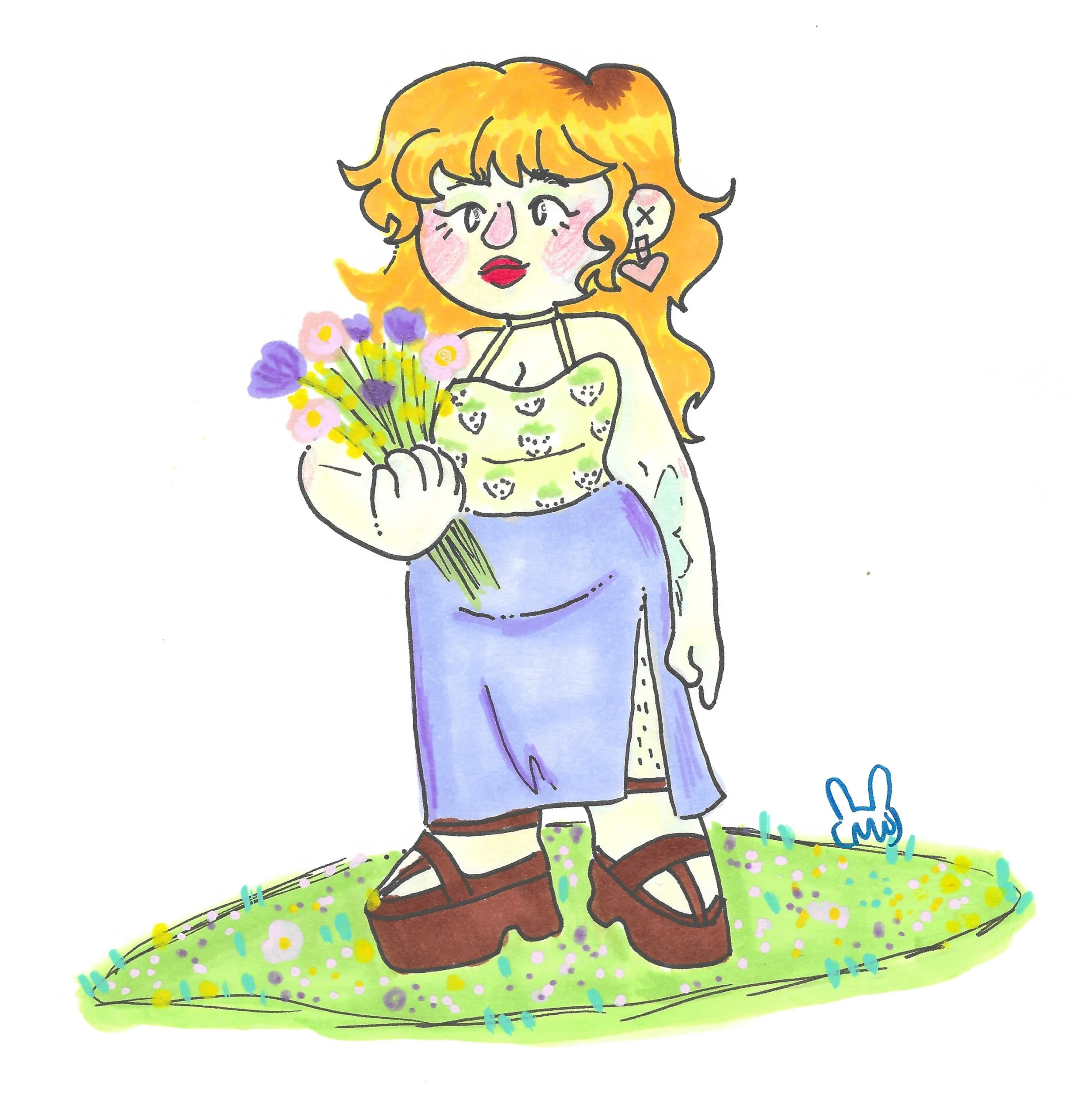 A cartoon illustration of a woman with curly red hair holding a bouquet of purple, yellow, and pink flowers, wearing a green patterned top, blue skirt, and brown platform shoes, standing on grass with small flowers and a small blue bunny icon.