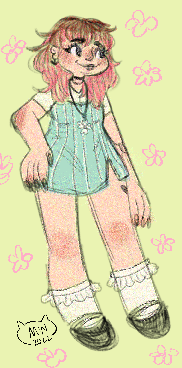 A young girl with pink hair, big eyes, and a cheerful expression, wearing a blue striped dress, white socks with ruffles, and black shoes, surrounded by pink butterflies on a light green background.