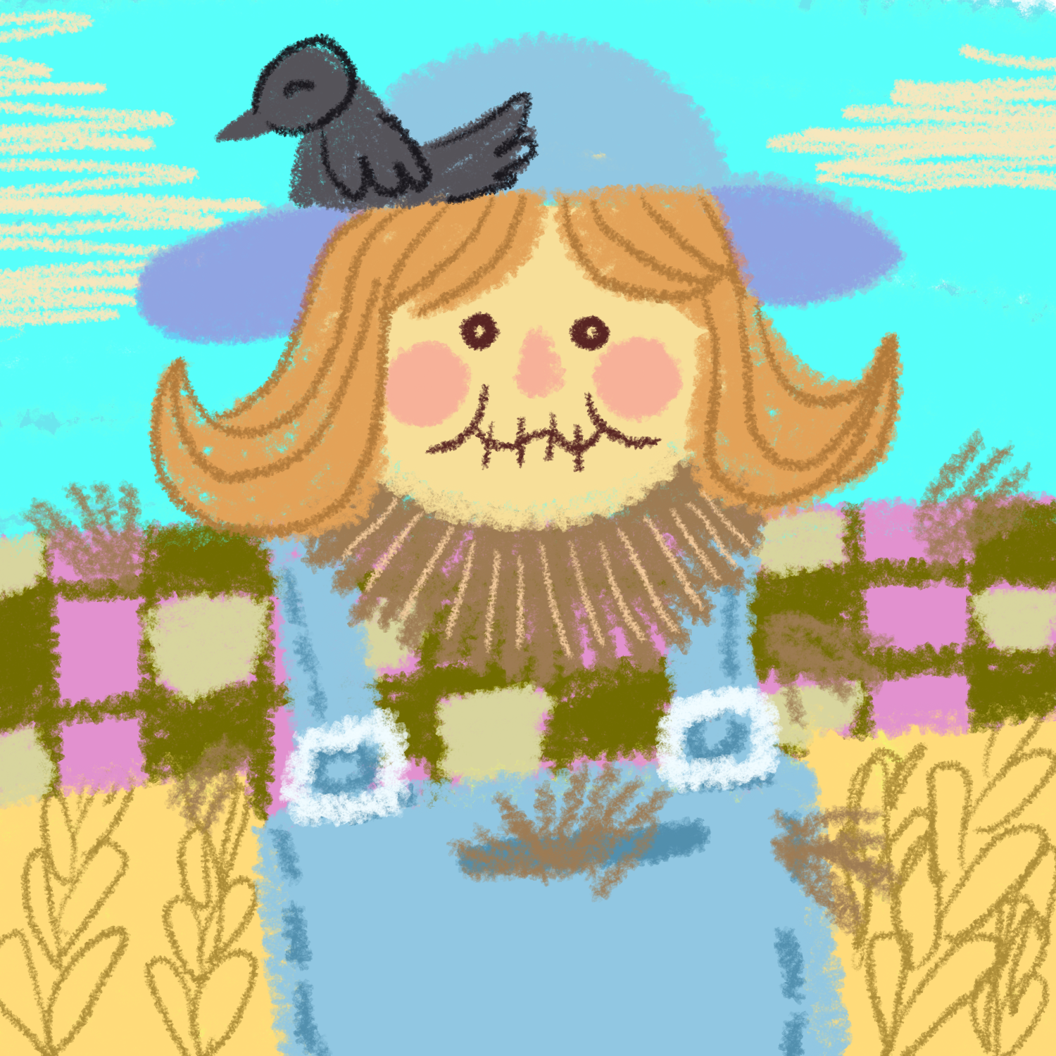 A whimsical drawing of a scarecrow with a human face and a stitched mouth, wearing a blue hat with a black bird perched on it. The scarecrow is in a field of wheat under a blue sky with clouds.