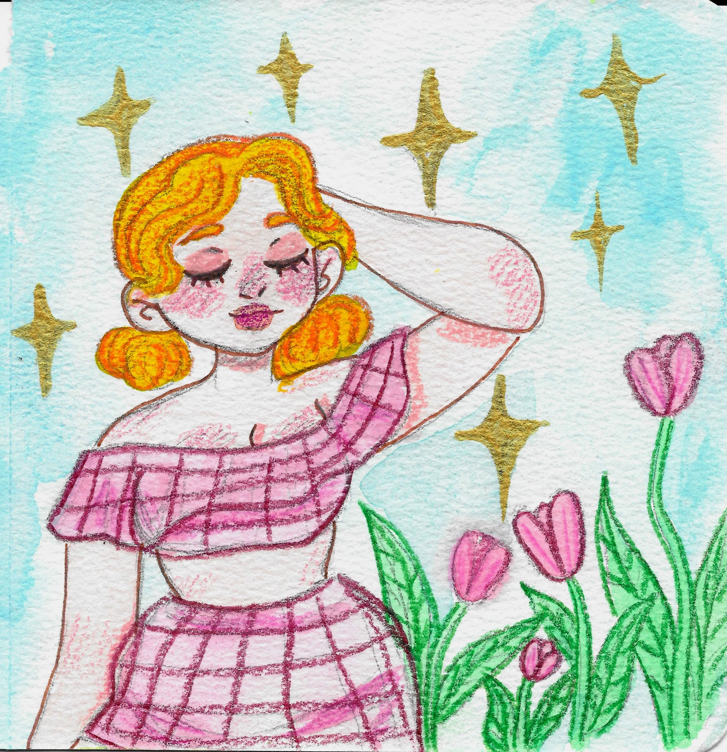 A woman with orange hair styled in pigtails wearing a pink checkered off-the-shoulder top and skirt, smiling with closed eyes, amidst pink tulips, green leaves, and golden stars in a watercolor illustration.