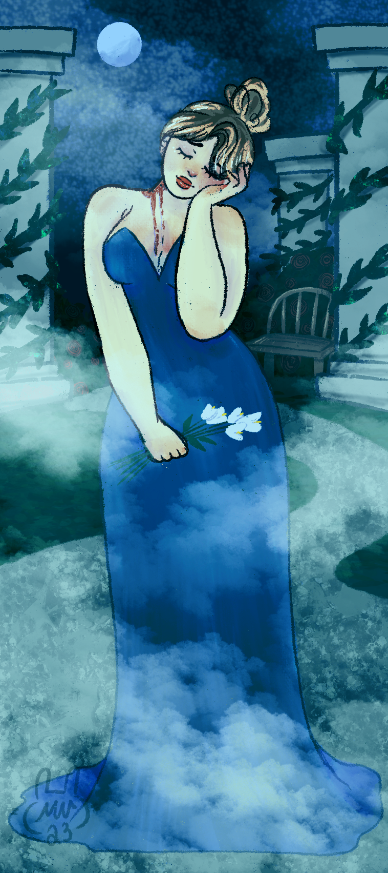 A woman in a blue dress holding white flowers stands outside at night under a full moon, with her eyes closed and a peaceful expression.