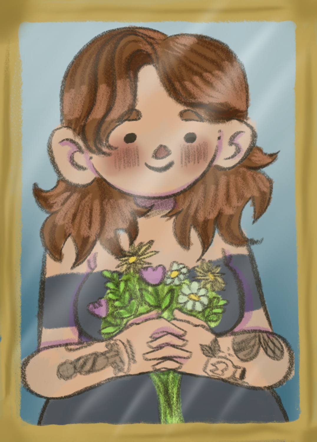 A cute cartoon girl with brown wavy hair holding a bouquet of flowers, blushing, smiling, with tattoos on her arms, wearing a dark top with pink accents.