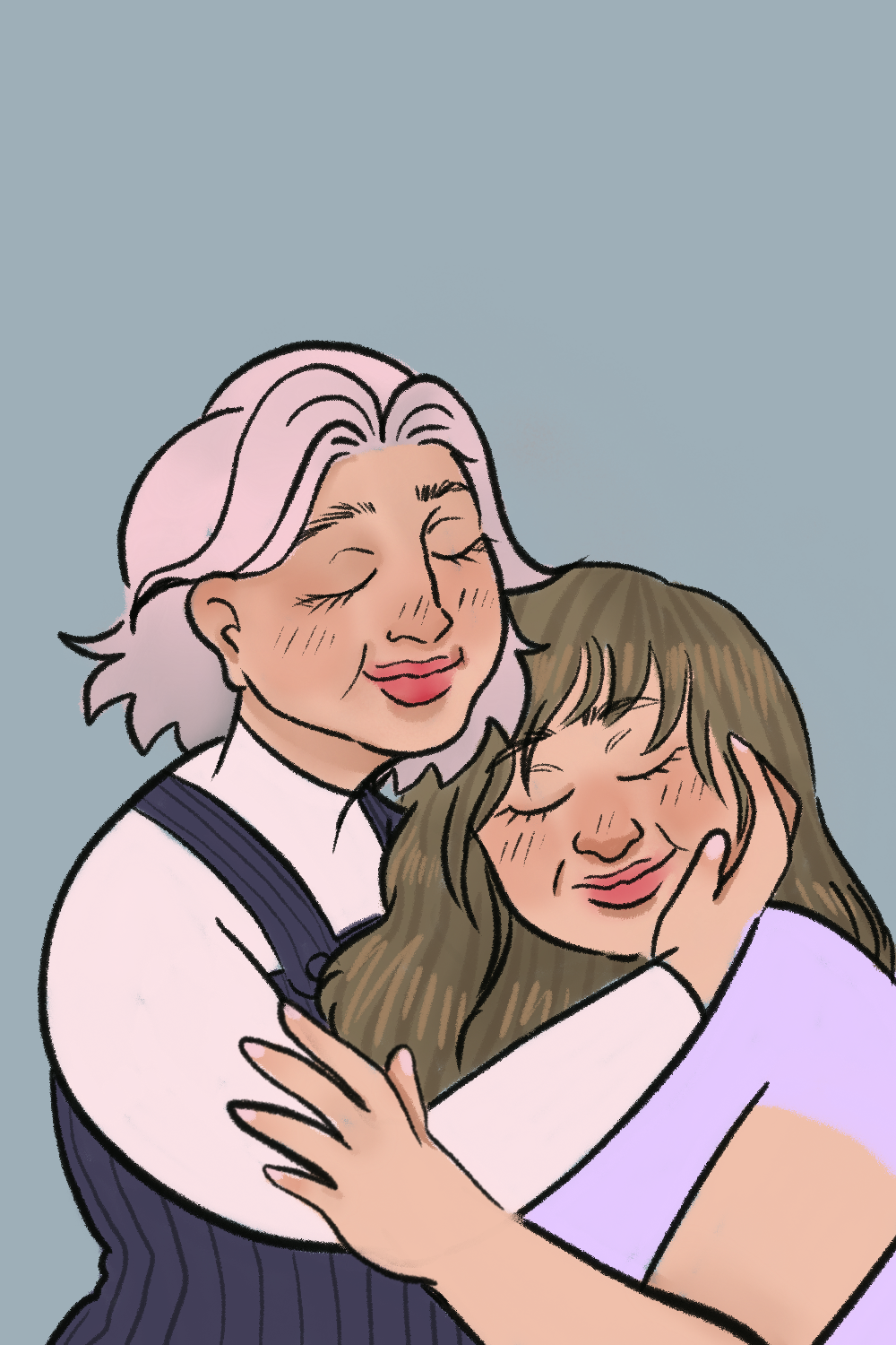 An illustration of two women hugging, both with closed eyes and happy expressions.